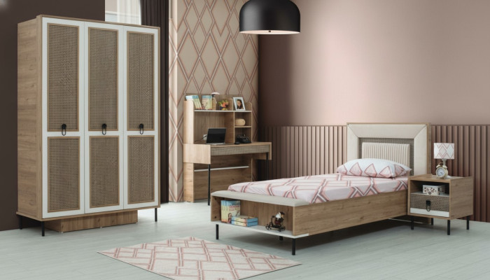 Moderne ensemble de chambre d'enfant complet - Lit d'enfant en bois brun 4 pièces - Neuf