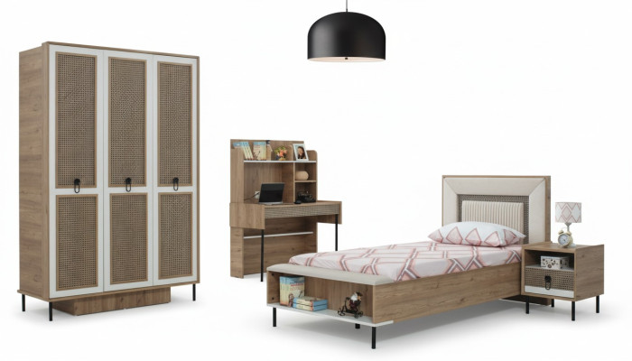 Moderne ensemble de chambre d'enfant complet - Lit d'enfant en bois brun 4 pièces - Neuf