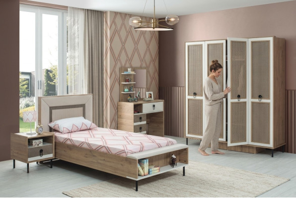 Chambre à coucher Ensembles de jeunes Lit pour enfants Lit d'enfants Brun Ensemble de bois 5 pièces Lit Moderne