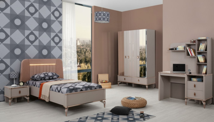 Ensemble de lit pour filles en bois de quatre pièces pour enfants, complet pour la chambre d'enfant de couleur beige