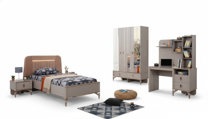 Ensemble de lit pour filles en bois de quatre pièces pour enfants, complet pour la chambre d'enfant de couleur beige