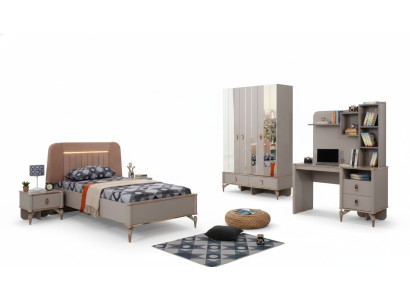 Ensemble de lit pour filles en bois de quatre pièces pour enfants, complet pour la chambre d'enfant de couleur beige
