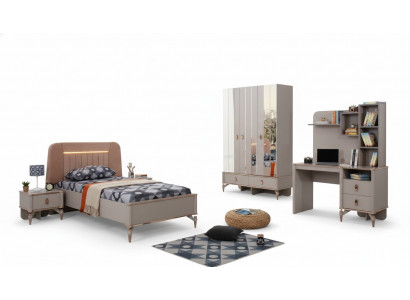 Ensemble de lit pour filles en bois de quatre pièces pour enfants, complet pour la chambre d'enfant de couleur beige