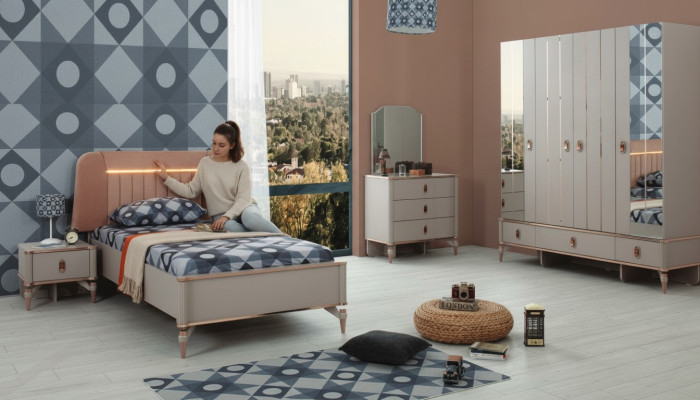 Lit de jeunesse, meubles pour enfants, lit d'enfant complet en bois beige, ensemble de 5 pièces moderne.