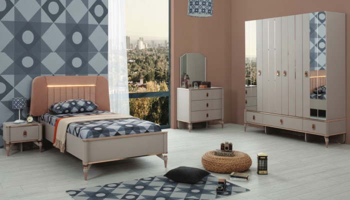 Lit de jeunesse, meubles pour enfants, lit d'enfant complet en bois beige, ensemble de 5 pièces moderne.