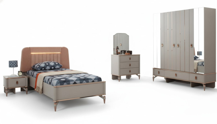 Lit de jeunesse, meubles pour enfants, lit d'enfant complet en bois beige, ensemble de 5 pièces moderne.