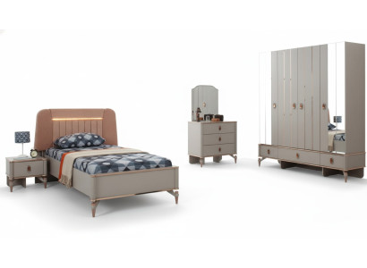 Lit de jeunesse, meubles pour enfants, lit d'enfant complet en bois beige, ensemble de 5 pièces moderne.