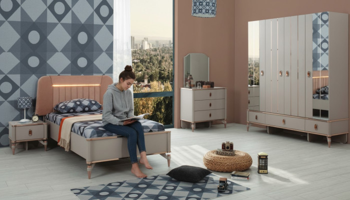 Lit complet pour enfants en bois beige 5 pièces moderne