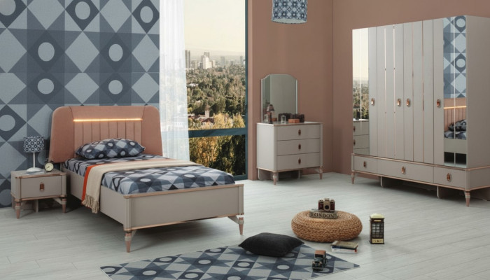 Lit complet pour enfants en bois beige 5 pièces moderne