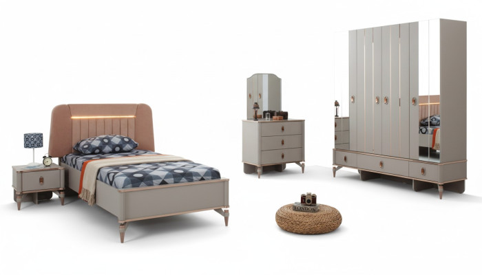 Lit complet pour enfants en bois beige 5 pièces moderne