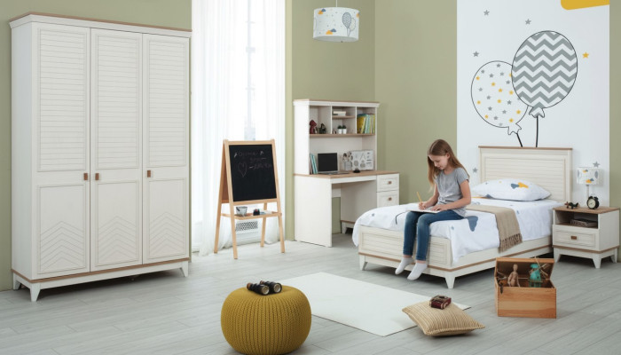 Ensemble de chambre à coucher Lit de jeunesse Lit d'enfants Ensemble en bois blanc 4 pièces Lit moderne.