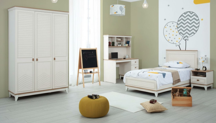 Ensemble de chambre à coucher Lit de jeunesse Lit d'enfants Ensemble en bois blanc 4 pièces Lit moderne.