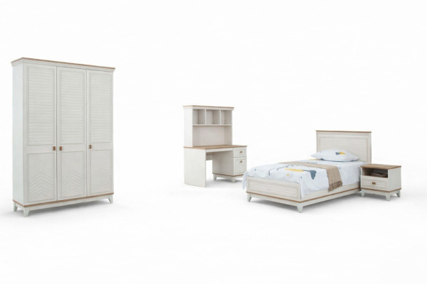 Ensemble de chambre à coucher Lit de jeunesse Lit d'enfants Ensemble en bois blanc 4 pièces Lit moderne.