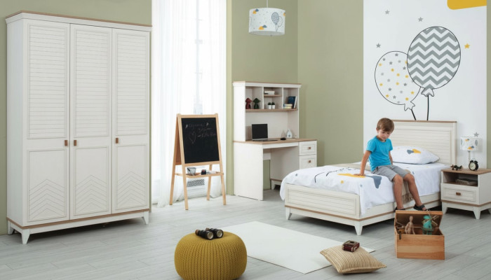 Lit d'enfant Ensemble de chambre à coucher Lit de jeunesse Blanc Ensemble en bois 4 pièces