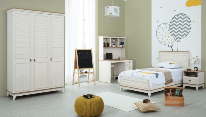 Lit d'enfant Ensemble de chambre à coucher Lit de jeunesse Blanc Ensemble en bois 4 pièces