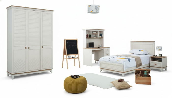 Lit d'enfant Ensemble de chambre à coucher Lit de jeunesse Blanc Ensemble en bois 4 pièces