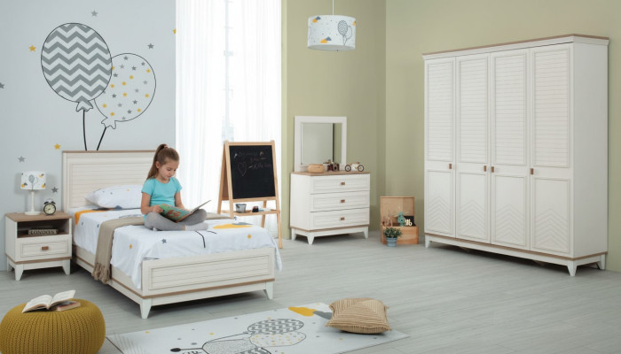 Lit de jeunesse complet, mobilier pour enfants, lit pour enfants en bois blanc ensemble de 5 pièces commode
