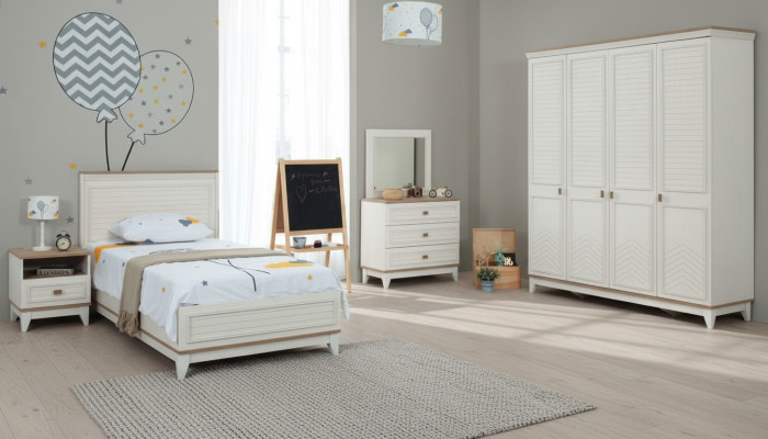 Lit de jeunesse complet, mobilier pour enfants, lit pour enfants en bois blanc ensemble de 5 pièces commode