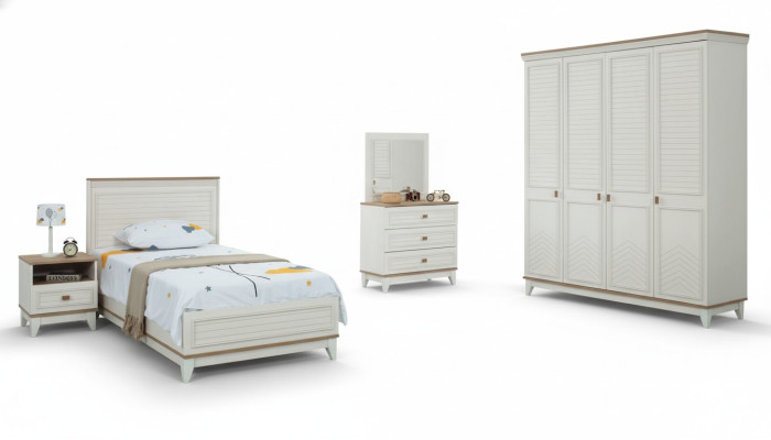 Lit de jeunesse complet, mobilier pour enfants, lit pour enfants en bois blanc ensemble de 5 pièces commode