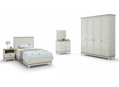 Lit de jeunesse complet, mobilier pour enfants, lit pour enfants en bois blanc ensemble de 5 pièces commode