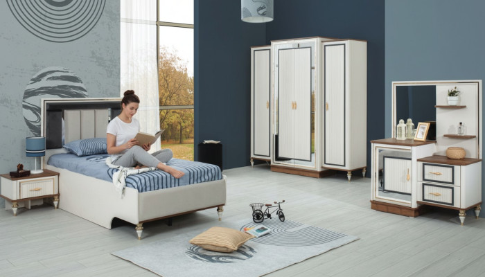 Ensemble de chambre à coucher Lit jeunesse Lit pour enfants Ensemble en bois blanc 5 pièces Lit moderne
