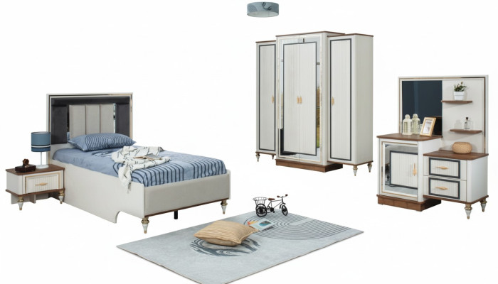 Ensemble de chambre à coucher Lit jeunesse Lit pour enfants Ensemble en bois blanc 5 pièces Lit moderne