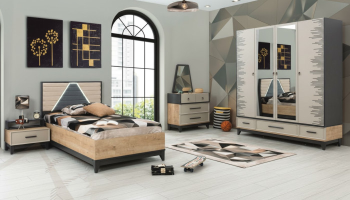 Chambre d'enfants Suite Lit Armoire Marron Bois Set Lit Jeunesse Meuble 5 pièces
