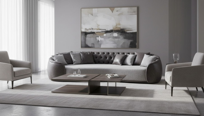 Canapé Chesterfield 4 places en tissu gris, canapé 4 places en tissu, canapé rembourré en tissu