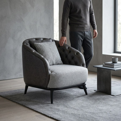 Fauteuil design à un seul siège en tissu gris style Chesterfield