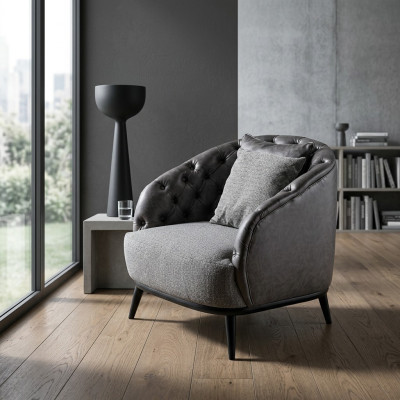 Fauteuil design à un seul siège en tissu gris style Chesterfield