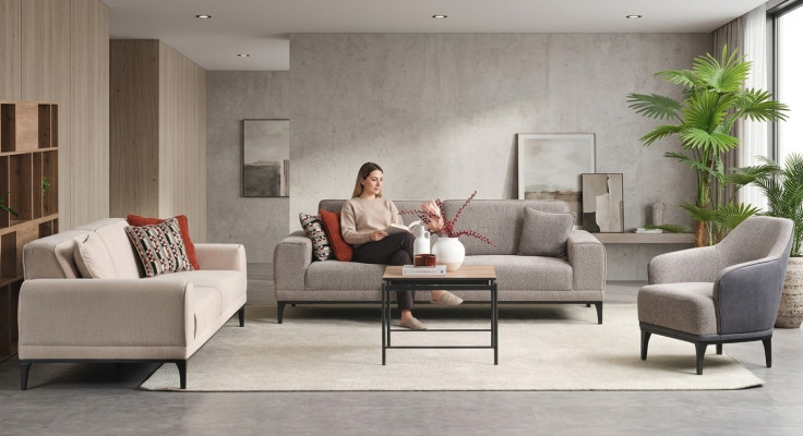 Suite canapé 3 places, canapé 2 places, fauteuil en tissu gris, ensemble de canapés en tissu gris 3+2+1