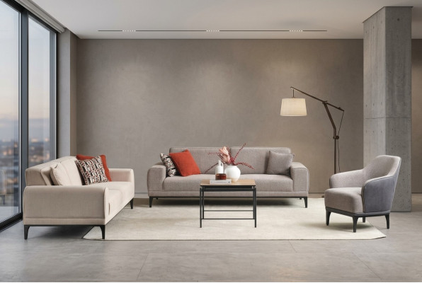 Suite canapé 3 places, canapé 2 places, fauteuil en tissu gris, ensemble de canapés en tissu gris 3+2+1