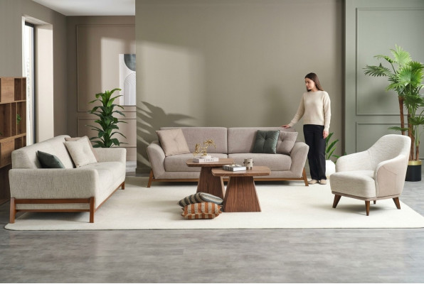 Groupe de canapé Trois places Fauteuil en tissu Canapé Beige Ensemble de canapé en tissu 3 pièces 3+3+1