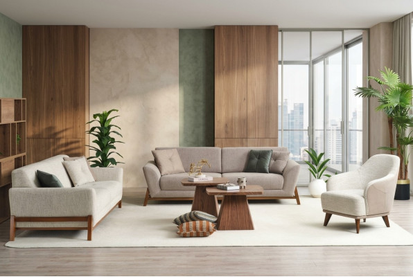 Groupe de canapé Trois places Fauteuil en tissu Canapé Beige Ensemble de canapé en tissu 3 pièces 3+3+1