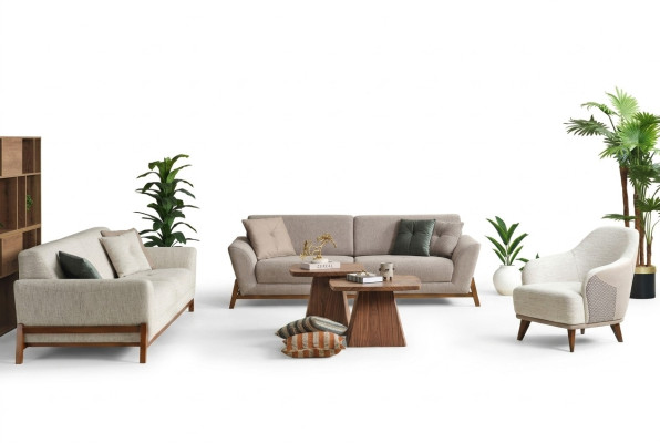 Groupe de canapé Trois places Fauteuil en tissu Canapé Beige Ensemble de canapé en tissu 3 pièces 3+3+1