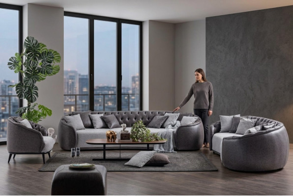 Meubles de villas de luxe Ensemble de canapés Chesterfield gris Tissu Canapés 4+3+1