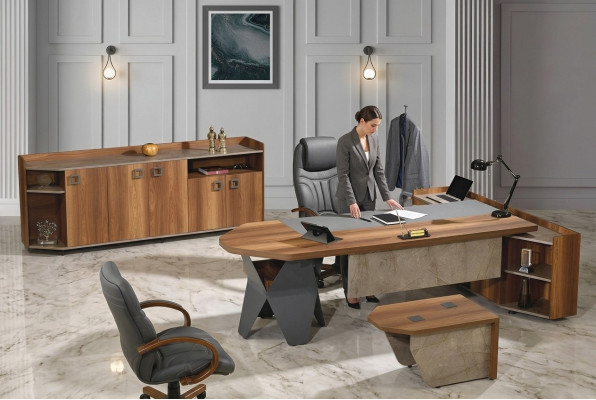 Pour acquérir: Ensemble de bureau complet, ensemble de bureau de bureau 4 pièces, bois marron, grand tiroir.