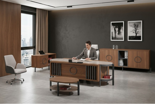 Bureau de groupe bureautique Ensemble de bureau 4pcs Bois marron Grande commode