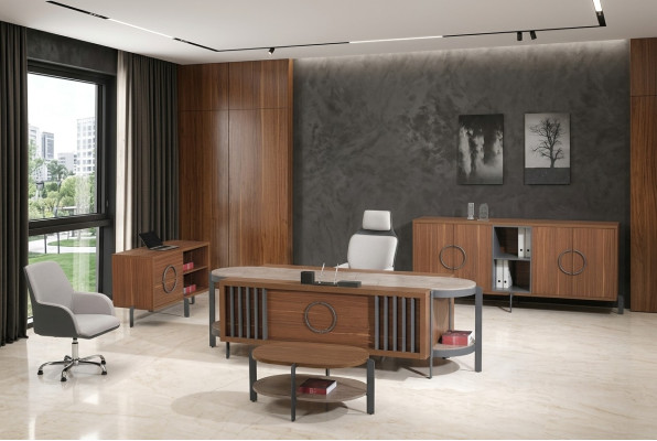 Bureau de groupe bureautique Ensemble de bureau 4pcs Bois marron Grande commode