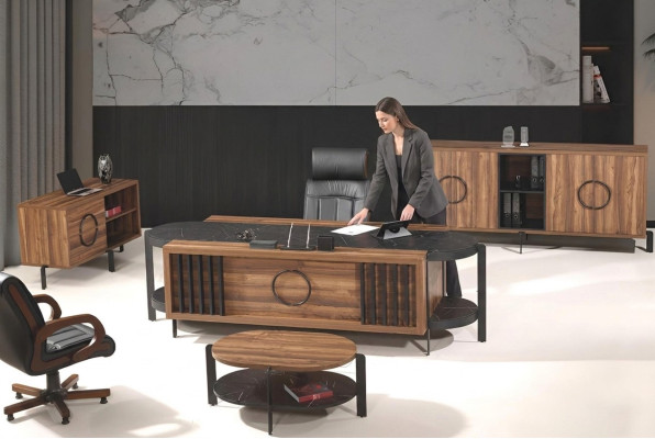 Luxueux bureau complet de bureau Ensemble de bureau Set 4 pièces Bois Table brune