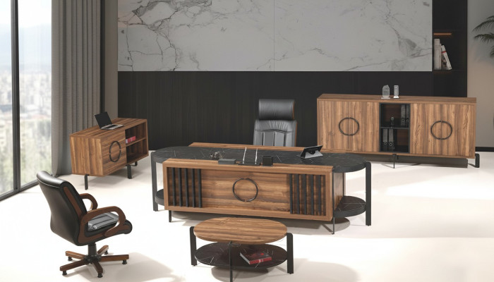 Luxueux bureau complet de bureau Ensemble de bureau Set 4 pièces Bois Table brune