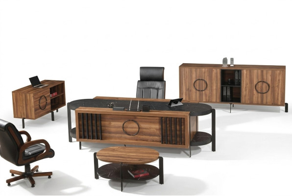 Luxueux bureau complet de bureau Ensemble de bureau Set 4 pièces Bois Table brune