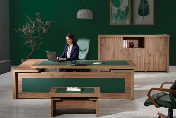 Ensemble de bureau complet avec coin bureau, table de bureau et bureau - 3 pièces en bois brun, grand modèle de luxe
