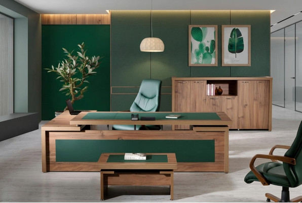 Ensemble de bureau complet avec coin bureau, table de bureau et bureau - 3 pièces en bois brun, grand modèle de luxe