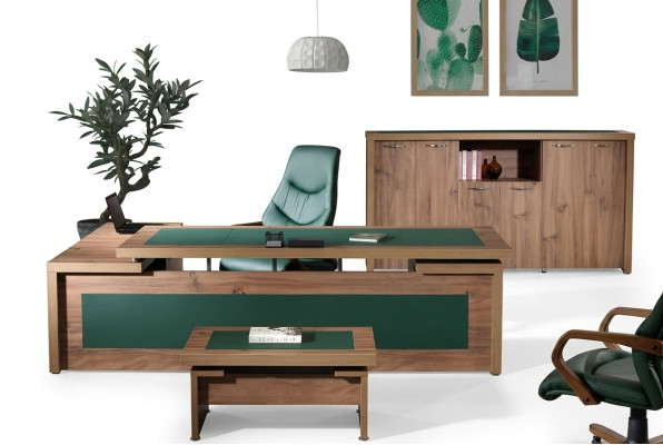 Ensemble de bureau complet avec coin bureau, table de bureau et bureau - 3 pièces en bois brun, grand modèle de luxe