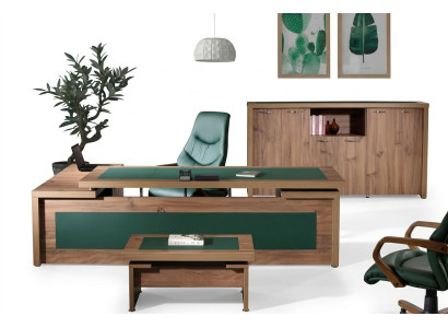 Ensemble de bureau complet avec coin bureau, table de bureau et bureau - 3 pièces en bois brun, grand modèle de luxe
