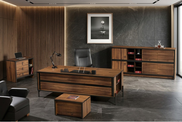 Mobilier de bureau Bureau complet Bureau de bureau Ensemble 4 pièces Bois Marron