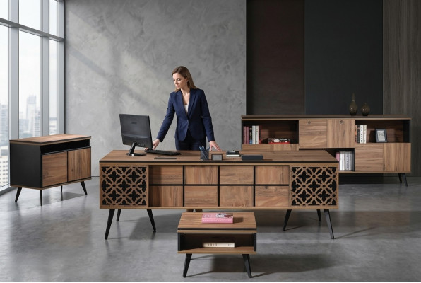 Bureau de bureau Meubles de salle d'étude Bureau complet 4 pièces Bois Marron
