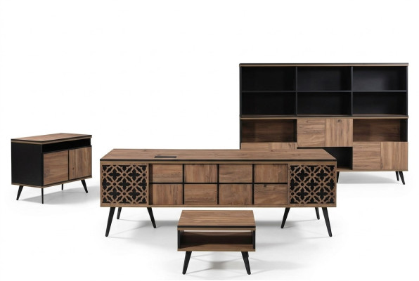 Bureau de bureau Meubles de salle d'étude Bureau complet 4 pièces Bois Marron