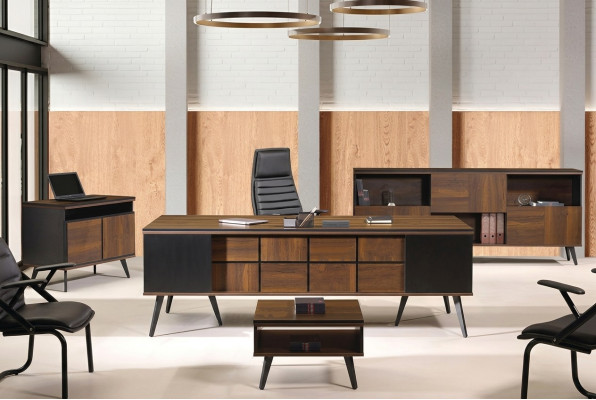 Bureau Classique Complet et Ensemble de Mobilier de Salle d'Étude 4 pièces Bois Marron